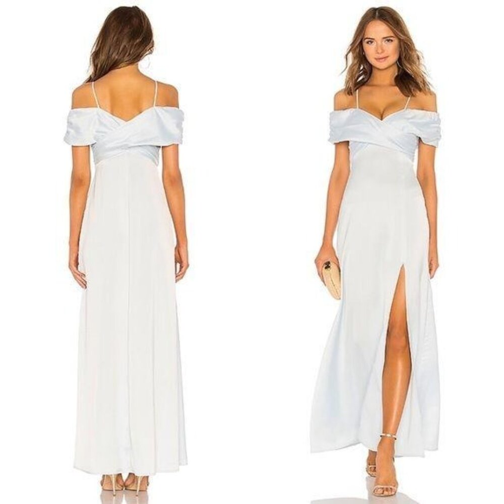 LPA Shirred Cross Front Gown Blue Maxi Dress Size Small Front Slit Ruched Sz S